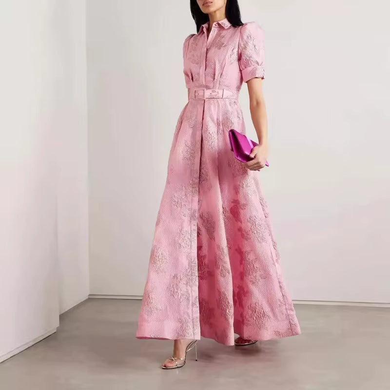 Elegant Luxury Slim Long Dresses Spring Women Lapel Short Sleeved Dress Summer High Waist Pink Fashion Belt Knee Length Dress