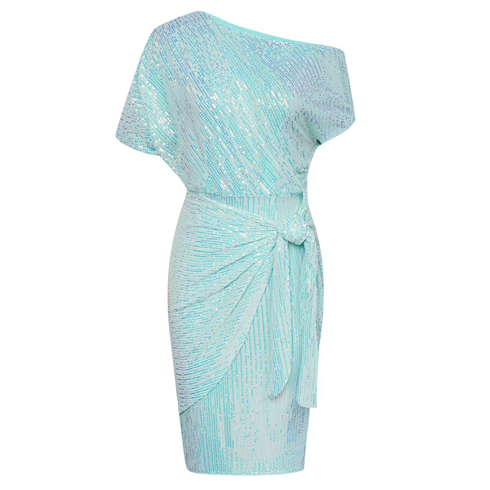 Cocktail Dresses for Women Sequined Party Dress Summer Ruched Short Sleeve Asymmetric off Shoulder Bodycon Dress Vestidos